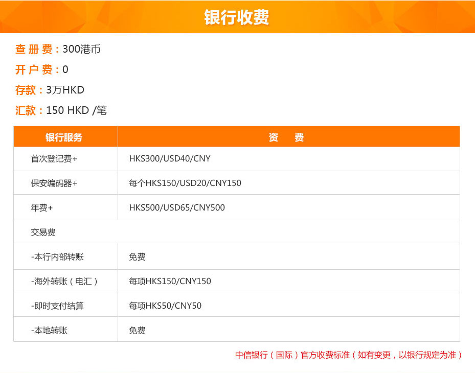 中信銀行（國(guó)際）銀行收費(fèi)